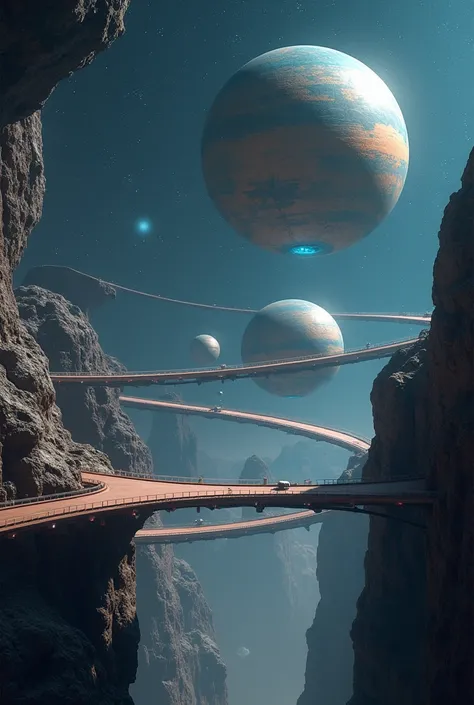  Relativity and space :
" Planets that seem to float between impossible stairs ,  in a cosmic background full of stars .  The planets are connected by curved bridges that defy gravity,  with metallic colors and glow effects ."