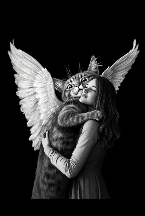 A cat as tall as a man with big white wings hugs a girl with dark hair