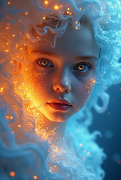  An incomprehensible and breathtaking scene from a glowing cloud.,  Elementary girl  [fire:ice:0.5], (orange fire and blue ice eyes), (fire and ice face), 3d, saturated colors, (no human:1.5), (dynamic face),  fractal nebula threads , Cosmic entities, heav...