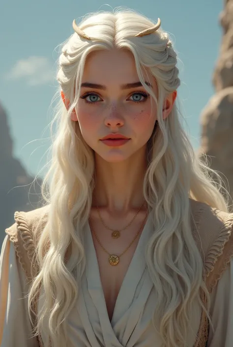 Ash blond-haired and blue-eyed Daenerys Targeryan in casual clothes