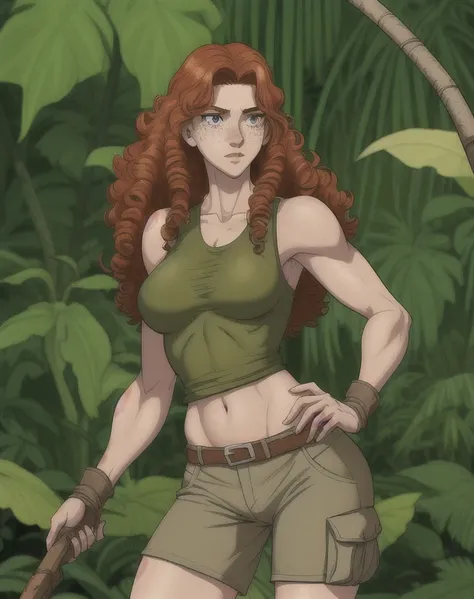 freckled beauty called Eva-Angeline in a skimpy archaeology action-hero uniform, very short and tight cargo shorts, very short and tight tank top, in the jungle, (dirty), long curly hair