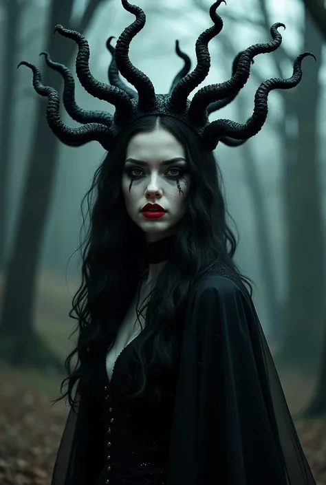 A female dark witch,black eyes and a red lip gloss rubbed on her lips with 8 scary looking stems as her head.
