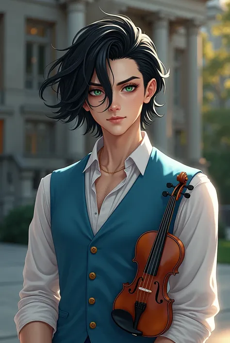 Black hair that flows to the left, one eye green, one eye black, and fair skin that radiates like the sun. Villain. He wears white shirt with sky blue vest, blue pants. Amazing physicality. Extremely handsome. Gorgeous. Model-like handsome. Charming. Male....