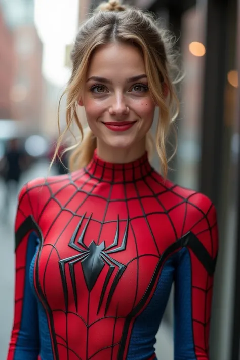  Girl in Spiderman costume without mask ,  blonde Venetian hair in ponytail , freckles , very dark brown eyes ,  age 21 years 
Draw style 