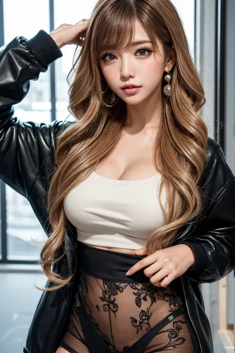 masterpiece, 8K, Award-winning photos, photo actual ,  actual , Very  detailed,  ultra high resolution, Ray Trakun , ///one person, Black jacket, night,  Blurry street scene in Korea , The most beautiful, 20 years old, (Sexy,  Japanese beauty ),  look at m...