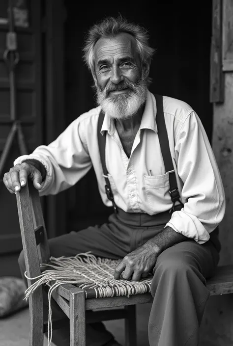 En 1904 un gitan andalou rempaille une chaise. Le gitan porte une chemise blanche et des bretelles. Il regarde lobjectif et sourit