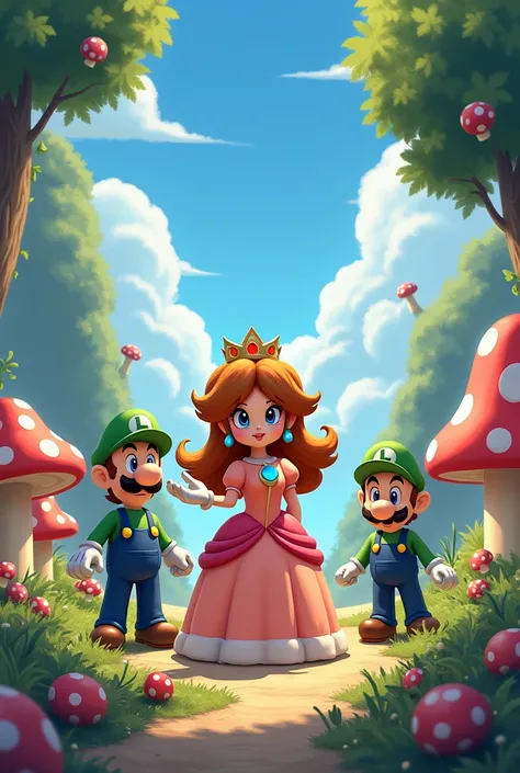 Create an image with Princess Daysi brown hair in the center with Luigi Verde with Mario and Yoshi 