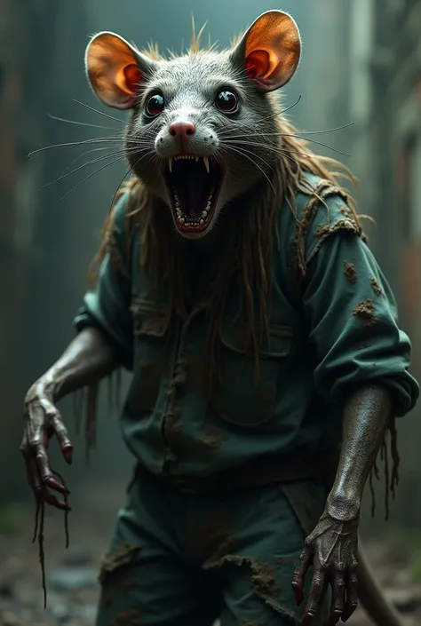  A humanoid zombie rat with deformations throughout his body 
It lives in the sewers 
He wears torn clothes from a dedetizer
There is brown hair on the body and parts of the body appear to be necrotic and are covered with black slime similar to xorume. 
An...