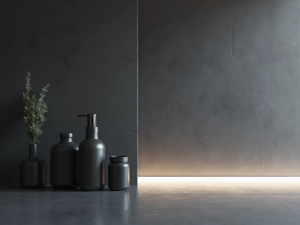 Generate a dark matte grey cement wall with white light shimmering at the horizon between the wall and floor. This is a normal back drop for products.