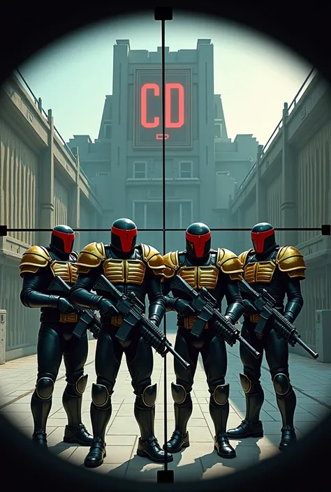 Four soldiers scattered with their weapons in their hands dressed like Judge Dredd, with black uniforms with red details .  Walking on a courtyard at the entrance of a building with the letter C D . Make an image as if viewed through a lens from a sniper r...