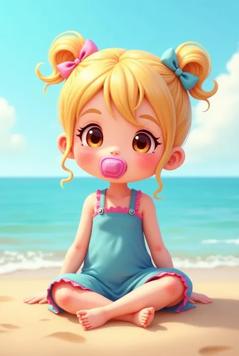  happy, sitting on the beach,  wearing a blue dress with pink details, Pink pacifier , blonde, light brown eyes, sorrindo happy, com uma Pink pacifier  na boca, barefoot,  with her hair tied on both sides ,  with pink and blue bows in her hair ,  realistic...