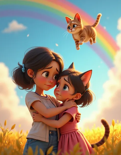 a girl cries in the foreground   , the girl is hugged by her mom and they wave their hands at their kitty running into the rainbow into the clouds, touching picture , Pixar style, highest quality of detail ,  the kitty looks back at them , A grumpy and swe...