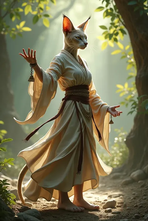 female tabaxi monk meditating. blue outfit