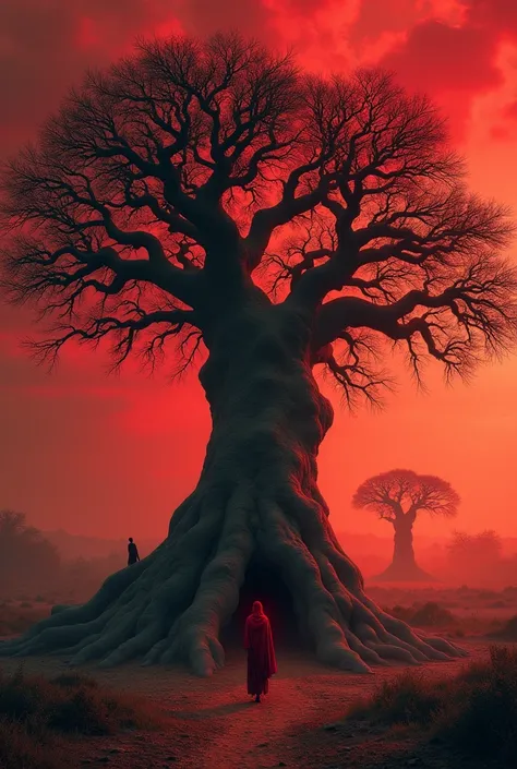 The baobab tree after the queens burial, under a blood-red sky. Its twisted roots look like they’re writhing, and faint ghostly figures seem to emerge from the base, hinting at the souls trapped within.
Let it be in an Africa setting and let it be realisti...