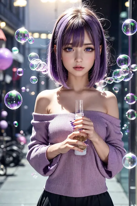  unique , 1 Girl,  purple eyes ,  purple hair, bubble,   and watch the audience, portrait, Half closed eyes, Short hair,  around the tail,shiny bubbles,bubbles, colour shining in bubble, reflective bubbles,bubbles ,bubbles all around, turning into bubble