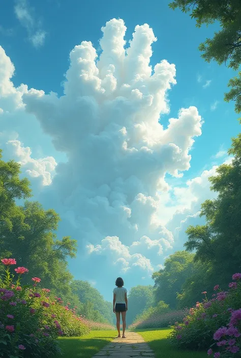 Please create a cloud image in the shape of a hand and a  in the garden watching 