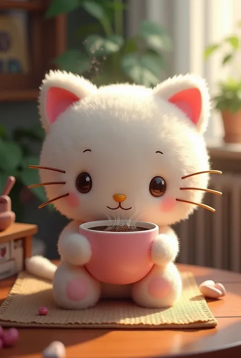 I want a very cute Hello Kitty doll drinking coffee.