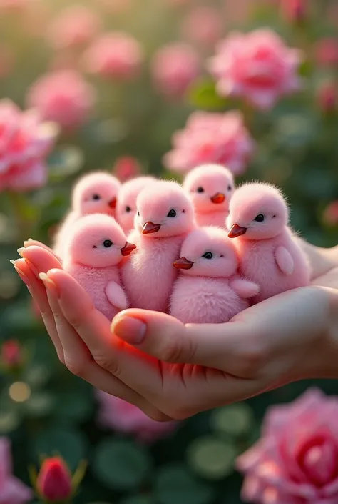 Generate a hyper realistic image of a cute hand holding numerous cute little pink penguins in a rose flower garden.

