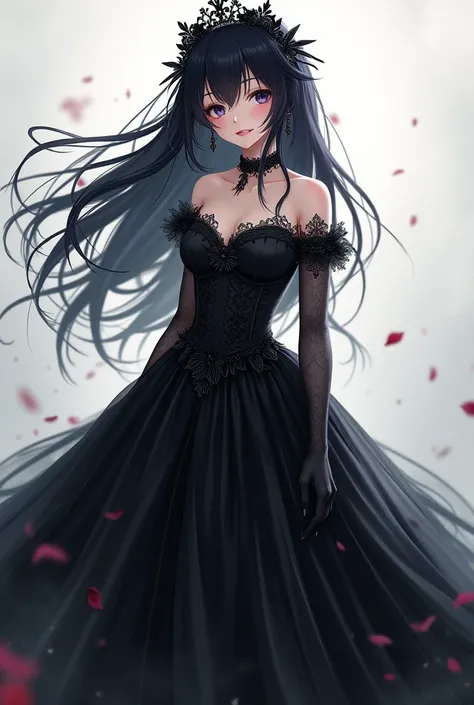 Black haired anime girl wearing black bridal dress