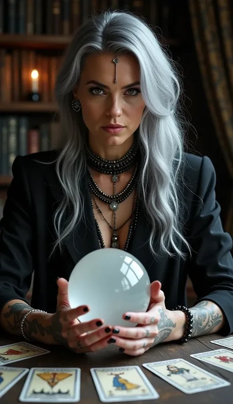  A mystical-looking woman seated at a table covered with tarot cards .  She has well-groomed long gray hair and a serious and enigmatic expression .  The woman is wearing elegant black clothes ,  adorned with black beaded necklaces and silver accessories ,...