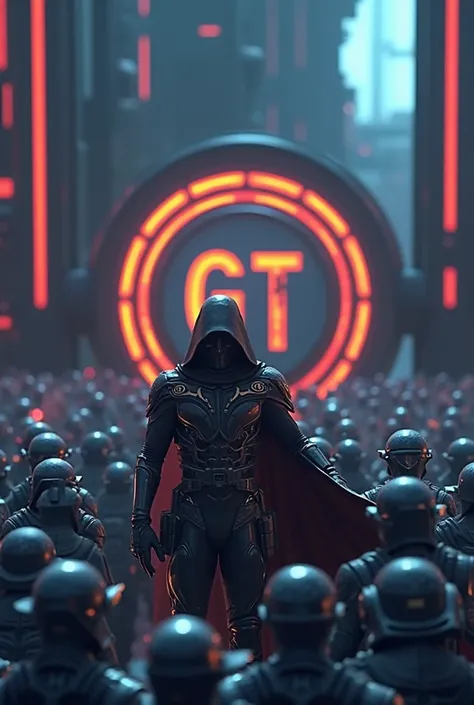 Hooded leader man, with biomechanical suit and cape, Talking to his horde of black-clad soldiers, on a huge Star Wars style base with the letters GT1, perfectly legible.