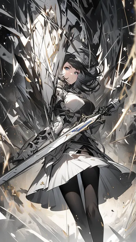   one woman　 black tights　White underwear　Tall　 black hair　 white boots that shoot bows　  white gloves　 Art 　   miniskirt　 longsword 