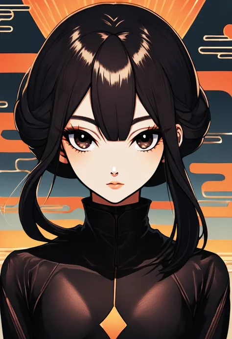 A young adult female in a black modest ninja outfit with long sleek black hair, a 70s middle-part hairstyle, dark brown eyes, and fair skin. Use Mai Davika as inspiration face.