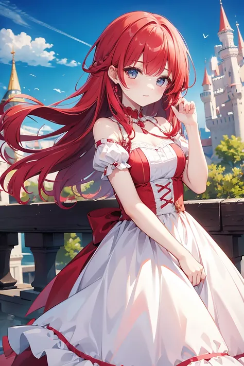 princess, castle, dress of red, colorful hair