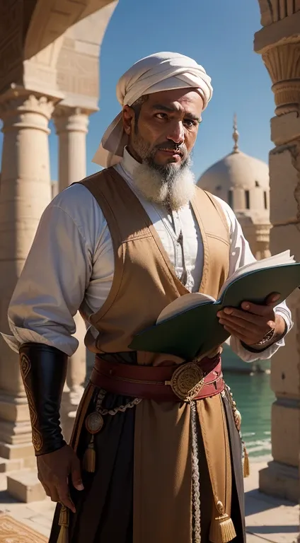 Ibn Ayas , chronicler, chronicler, chronicler, Egyptian, Muslim,  16th century , Renaissance ,  The age of exploration , man, male, 52 years Old , Old , . ,  has knowledge ,  good education , Mallah ,  in good health , strong, hOld ing a quram,  The backgr...