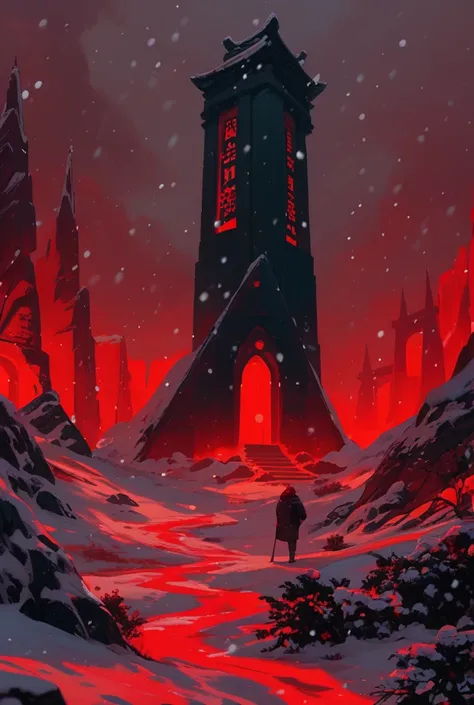 A snowfield where it snows black and red, (((Black and Red colored Snow:1.5))), black snow, red snow, an ancient temple of smooth black stone, the area is covered in giant red crystals that seem to have erupted from the ground below. Glowing red runes can ...