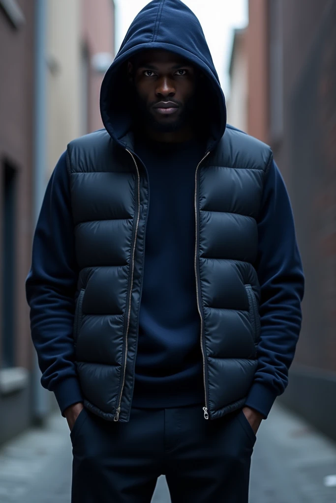 Black man with blue black hoodie and down vest