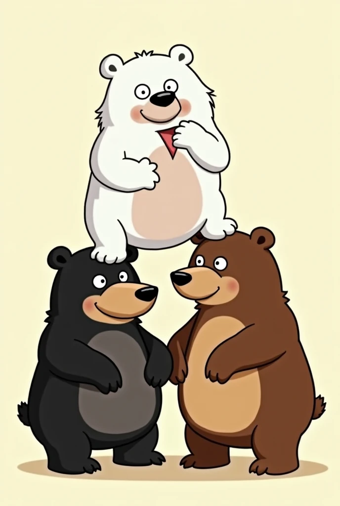 White bear  stand on brown bear, Black bear stand on brown bear, cartoon style like simpsons, all the same size and facing to screen