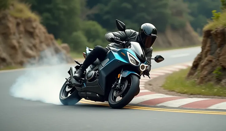 Create an image of the 2025 Suzuki Burgam Scooter cornering at high speed, demonstrating its agility and handling capabilities.