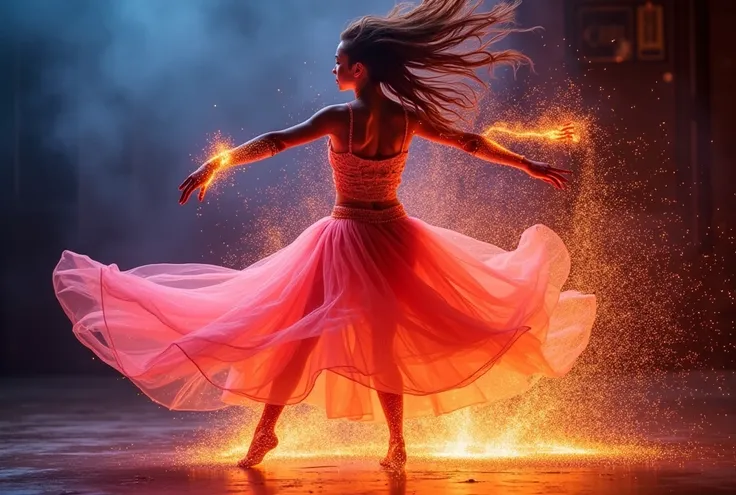 A dancer portrayed in an Ember Glow Transformation, with sparks and glowing embers swirling around. Use fiery magenta and smoky indigo to emphasize the dynamic energy and warmth. A fusion of the styles of Katsuya Terada, Range Murata, Akiman and JUNNY