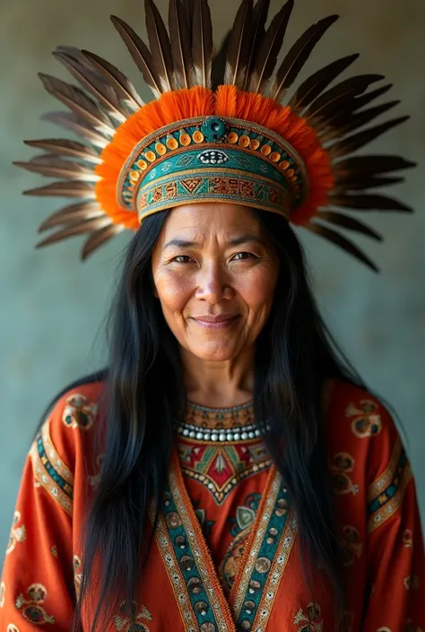  Indigenous woman with dark hair and long eyes , 40 years old,  indigenous belonging to the Mayan people with their typical, half-bodied clothing,wearing a feather headdress and typical Mayan dress 