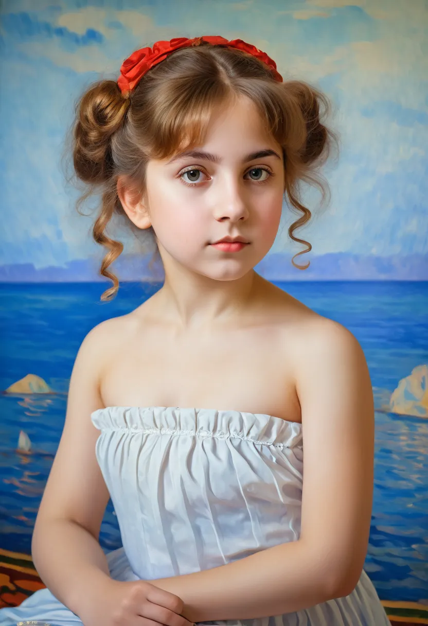 girl  schoolgirl portrait in the style of the painting russian venus boris kustodiev exact copy of the painting, topless