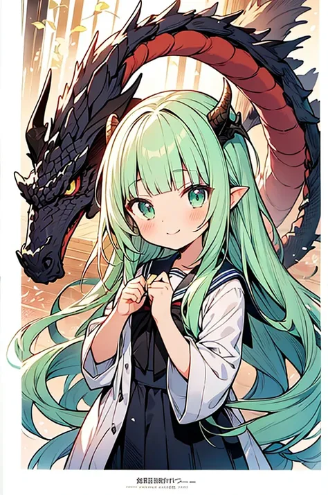 masterpiece,best quality,ultra detailed, japanese anime style illustration,
1 loli girl with Oriental-Dragon-horns, light green hair, very long twintail, very voluminous hair, (((blunt bangs))), gothic rose lace school sailor uniform, little smile, thank y...