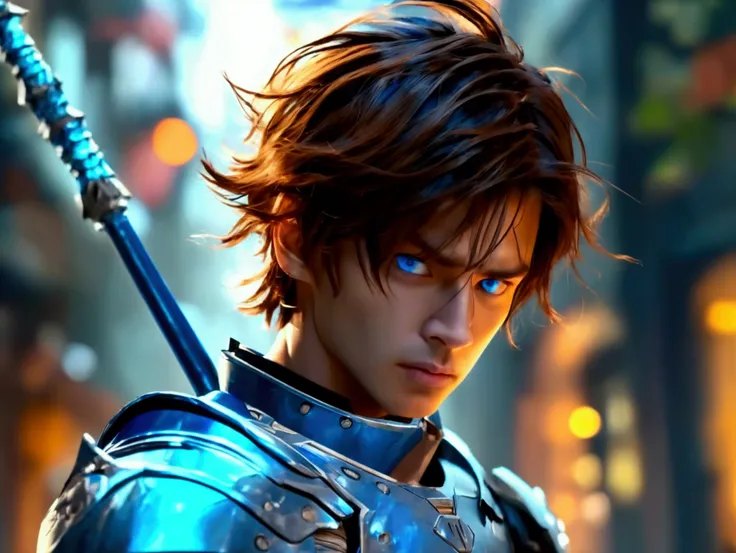 1 guy, holding long magic staff, Messy Cropped Top & Low Fade brown hair, blue eyes, blue armor suit, angry facial expression