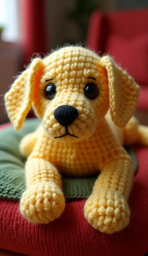 A highly detailed and photorealistic knitted Labrador puppy, resembling a lifelike crochet creation, lying on a textured red and green cushion. The puppy has big, glossy black eyes, a small black nose, and textured fur made entirely of yellow yarn, with vi...