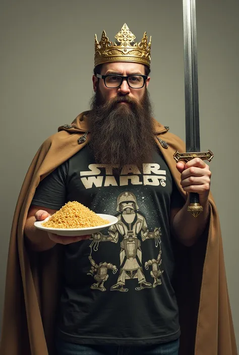 A man with a crown on his head, wearing glasses, and a beard, wearing a Star Wars T-shirt, is holding a sword in one hand and a plate. 
Couscous in the other