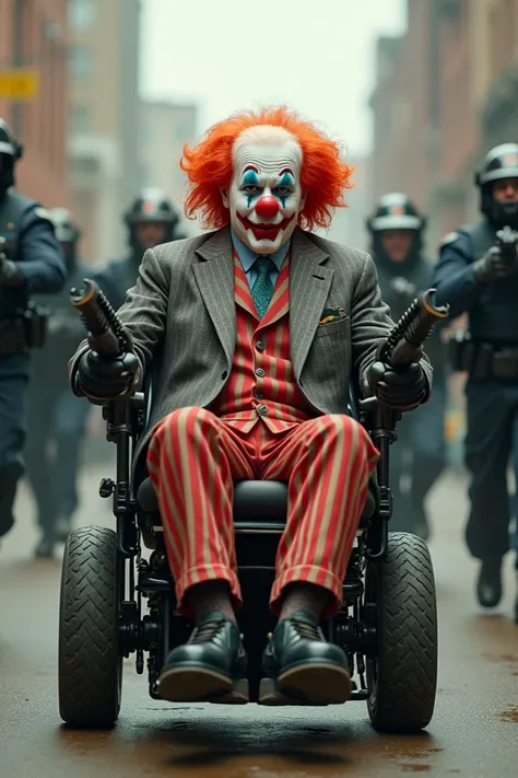 Joe Biden dressed as a Clown sitting in an Electric wheelchair with machine guns on both sides and secret service chasing 