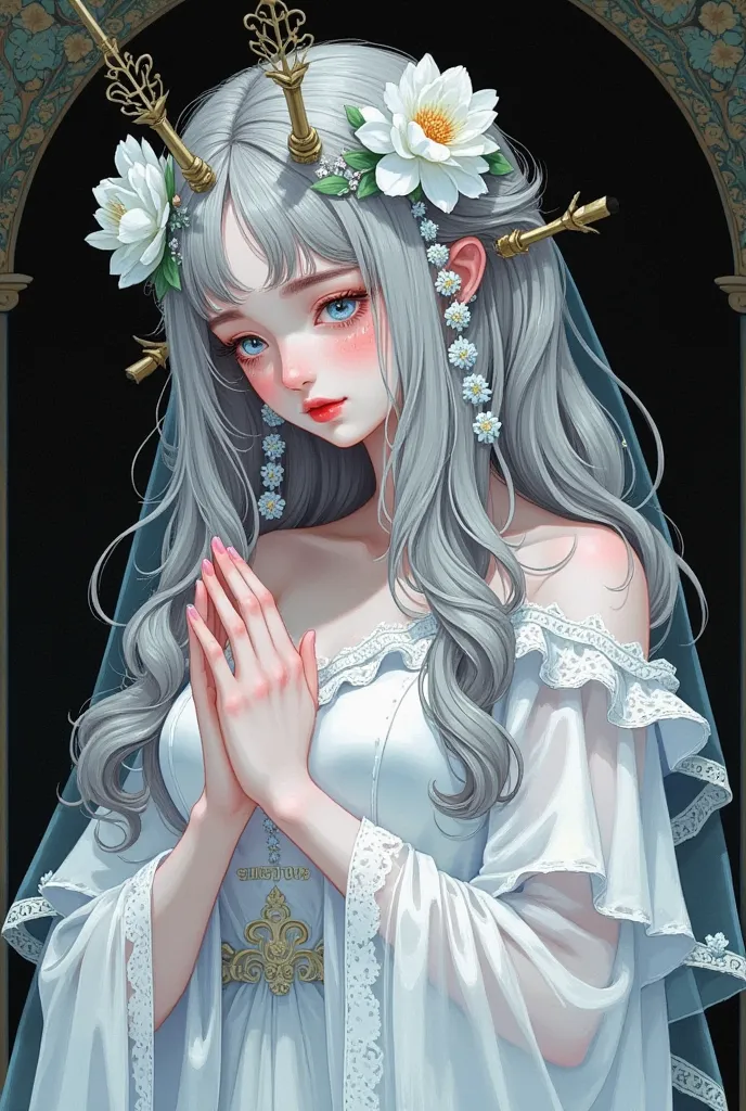 bride，    This style was inspired by the red tiger in Qingdao，   white wedding dress，  白色bride围巾  ， The head is decorated with white flowers    ， Silver Hair， Sapphire eyes ，Pale face，  sad expression   ，Lower your head，pray，Beautiful hands，gothic style，  ...