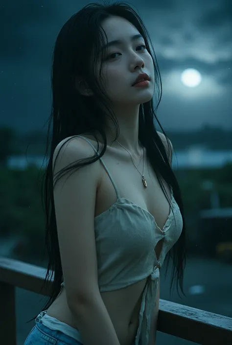 Low angle shot of beautiful so sexy Japanese woman leaning against a wooden railing, white skin, long spreads hair, very wet, body drenched, Very sexy woman, no cloth, bare skin, no underwear, bare shoulders, hard raining background, Gigapixel image,  beau...