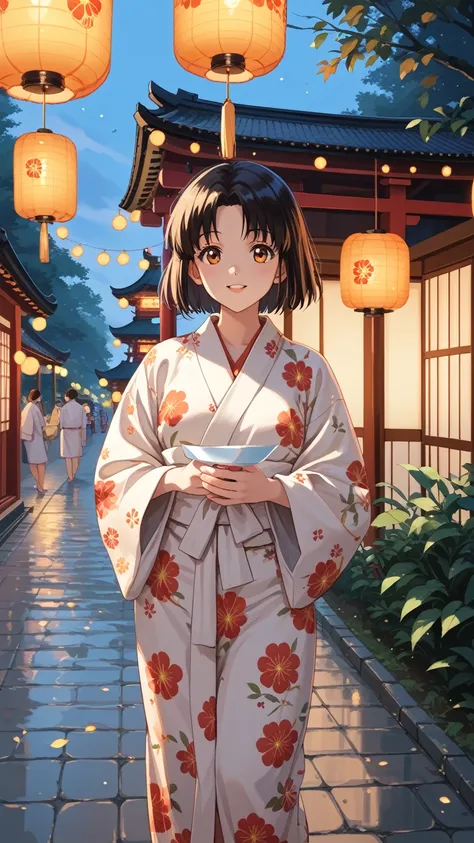 anime background, anime wallpaper, stutdio ghibli, hayao miyazaki, a summer festival at dusk, with glowing paper lanterns, food stalls serving yakisoba and takoyaki, and people in traditional yukata walking under strings of lights. A retro motorbike is par...