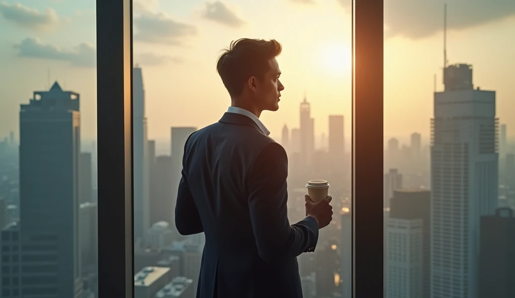 {Ultra-realistic emotional scene}, Wahyu, a charming and ambitious 25-year-old, stands in his office, gazing out at the bustling city skyline. His expression reveals an internal conflict as he contemplates the unexpected reality of impending fatherhood. Dr...