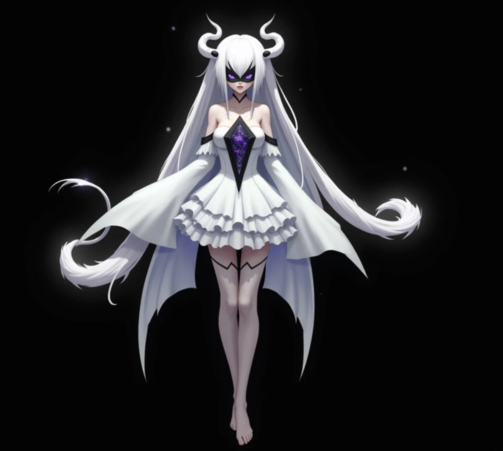 her pearl white hair long that reached her legs, shes wearing a black mask that only covers her eyes with three black horn on each side of her head, And a black and purple diamond like crest on her chest as it looks like a galaxy, Her attire had changed, a...