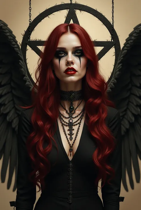 Create a profile picture for a channel about Luciferian Goetia. use the frame "the fallen angel" as a reference. Must have an inverted pentagram, long dark red hair, black Make Up, dark red lipstick, 1899, cowgirl.