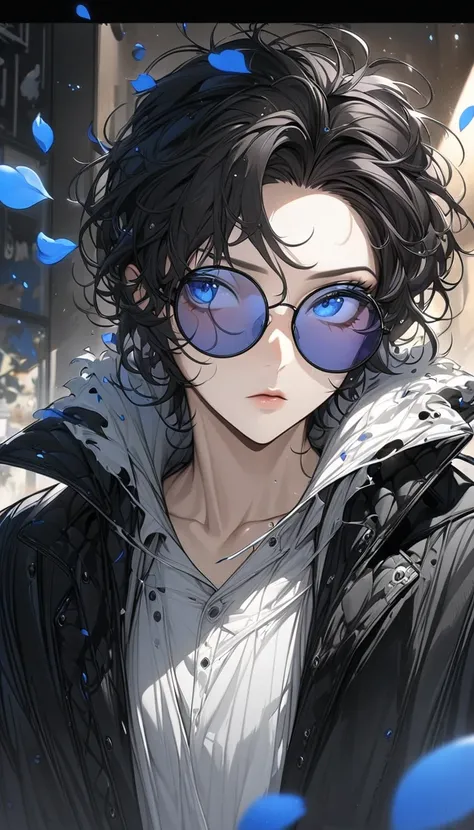  Nonsense,  high definition ,   super detailed ,  high definition ,  Masterpiece」,  best quality, Lim Hye-kyung ,  brown disheveled short hair,  expressive blue eyes,  round black sunglasses , Love Jinx, 1 person,  handsome,  black coat,  white shirt,  pet...