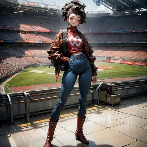 woman、 is anatomically correct、Pompadour、Stadium jumper、 skinny jeans、Leather boots、