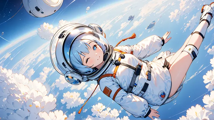 sleepy smily girl ,  wearing space helmet and android body without space suit, floating in the space , birds eye view、 high quality